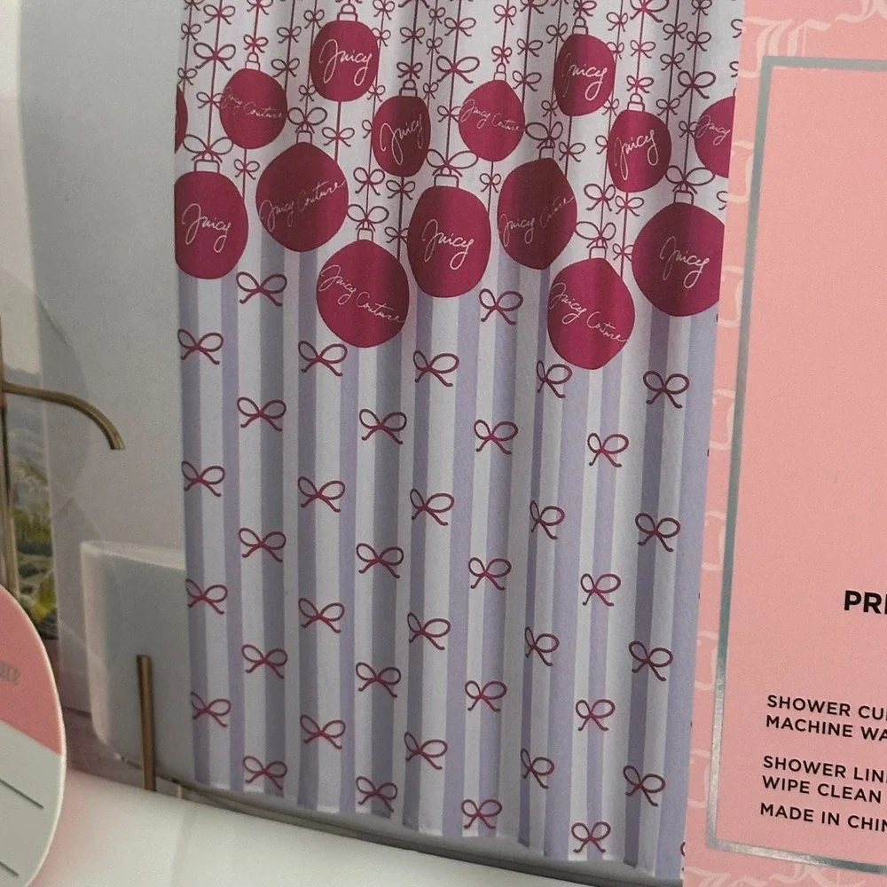 New Juicy Couture Fabric Shower Curtain PEVA Liner Hooks Set 70x72 Christmas